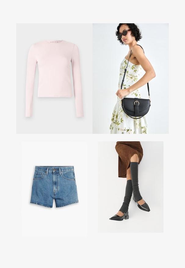 Šviesiai rožinė ilgomis rankovėmis, apvalia iškirpte ir tiesia apačia, prigludusi palaidinė, rodoma ant baltos vienalytės fono.; Šviesiai mėlyni džinsiniai šortai, turintys penkis kišenes, užtrauktuko užsegimą ir mygtuko uždarymą. Apačia yra nusidėvėjusi, o dizainas yra laisvo pjūvio.; Juodi lakuoti odiniai batai su aštriu kuma ir bloko kulnu, derinami su pilkais riebiais kojų šildytuvais ir rudais zomšiniais sijonais.; Juodas odinis krepšys su išlenkta forma, nuimamu dirželiu ir auksiniais detalėmis. Krepšys turi kilpą su sagtimi.