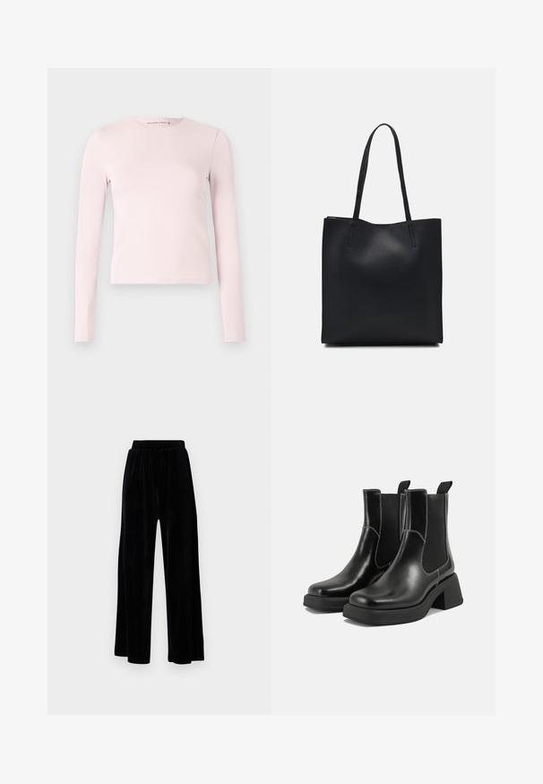 Lyserosa, langermet, figursydd genser med rund hals og rett nederkant, vist mot en enkel hvit bakgrunn.; Sorte vide bukser laget av myk vernet, med elastisk midjebånd og en jevn tekstur, uten synlige detaljer eller mønstre.; Sorte lær Chelsea støvler med en kraftig hæl, elastiske sidepaneler og kontrasterende hvid syning. Teksturert overflate.; Svart lær tote bag med glatt tekstur, rektangulær form og to lange håndtak. Ingen synlige deler eller dekorasjoner.