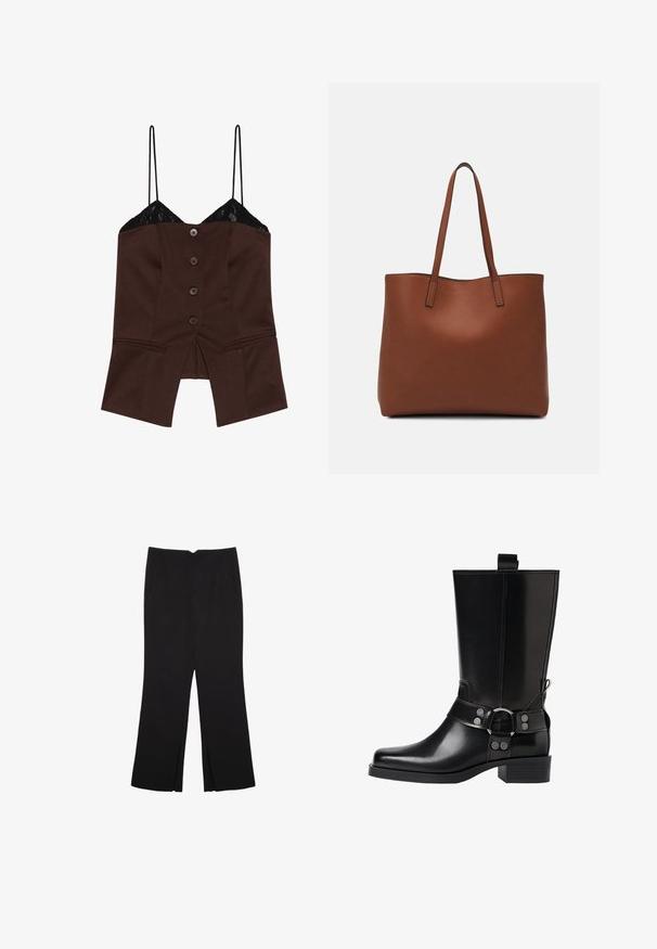 Brun, figurnära topp med spetsdetaljer, spaghetti-remmar och fem framknappar; har en delad fåll och en skräddarsydd design.; Svarta byxor med rak passform, utrustade med framfickor och sidoklyvningar vid fållen. Tillverkade av mjukt, slätt tyg. Lämpliga för olika tillfällen.; Svart läderknähöga stövlar med spetsig tå, silverfärgade spännen och klumpig klack. Har en dragflik för enkel påtagning.; Brun läder tote-väska med en slät textur, öppen toppdesign och två axelremmar. Har minimal söm och ingen synlig metalldetalj.