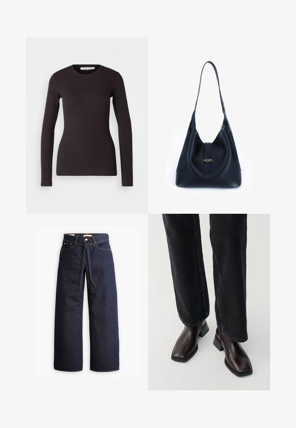 Pikkade varrukatega must topp, mis on valmistatud pehmest ja venivast kangast. Sellel on ümmargune kaelus ja kitsas lõige, sile tekstuur ja ei ole nähtavaid mustreid.; Laiad joped tumeda sinise denimi ja kõrge taljega, millel on paela kinni tõmbamise võimalus, viis taskut ja kontrastsete õmblustega detailid.; Pruunid nahast pahkluu saapad, millel on ruudukujuline varvas ja plokk-kand, koos mustade laiade pükstega. Sile tekstuur ja minimalistlik disain.; Must mustrist must alune, leeval ja pehme disainiga. Omab lamedat rihma ja keskel asuvat sulgemist, millel on kuldne aksent.