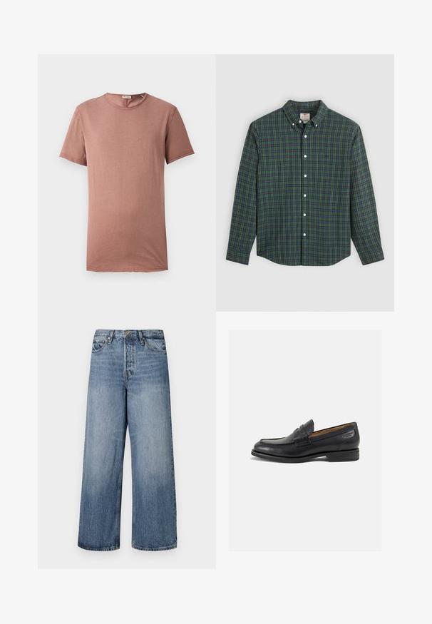 Short-sleeve, crew-neck t-shirt in dusty rose. Soft fabric with minimal detailing and a straight cut, suitable for casual wear.; Long-sleeve button-up shirt with green, blue, and yellow plaid pattern, white buttons, and a buttoned collar.; Wide-leg blue denim jeans with a faded wash, five-pocket design, and a button closure. Equipped with belt loops and stitched detailing.; Black leather loafers with a smooth finish, rounded toe, and decorative stitching on the vamp. Low stacked heel and slight shine.