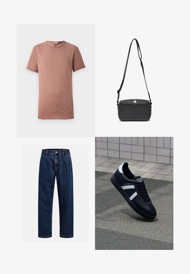 Kortermet t-skjorte med rund hals i støvet rosa. Mykt stoff med minimale detaljer og rett snitt, egnet for fritidsbruk.; Mørkeblå denimjeans med rett ben-design. Har synlige sømmer, knappestengning og frontfolder for ekstra detaljer.; Sorte lærersneaker med hvite striper, teksturert gummihæl og snøring foran. Har et merketikett på tungen.; Svart skinn crossover-veske med glidelås, preget logo på fronten og justerbar stropp. Glatt tekstur med rektangulær form.