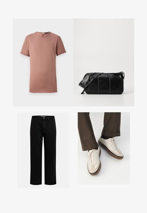 Tricou cu mânecă scurtă, guler rotund, în nuanță de roz pudrat. Material moale cu detalii minime și croială dreaptă, potrivit pentru îmbrăcăminte casual.; Pantaloni din denim negri cu croi drept, design clasic cu cinci buzunare și închidere cu nasture la talie. Textură netedă și material durabil.; Adidași bej cu un vârf din suede texturat, laterale din piele netedă și o talpă din cauciuc maro. Șireturile și detalii de cusătură subtilă incluse.; Geantă de umăr din piele neagră cu închidere cu fermoar, având un corp texturat, cusături albe și o curea cu ochiuri argintii.