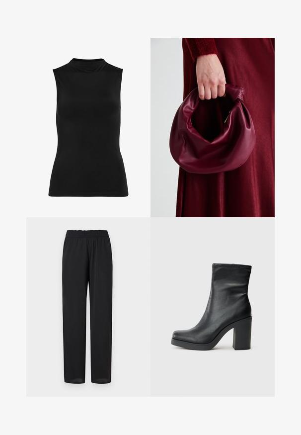Top preto sem mangas feito de tecido liso. Decote alto e forma ajustada com um design simples. Sem padrões ou enfeites visíveis.; Calças pretas, leves, com um corte descontraído, apresentando uma cintura elástica e uma textura suave. As pernas retas afunilam ligeiramente na bainha.; Bota de tornozelo em couro preto com um salto bloco alto, textura suave, design ajustado e detalhes costurados na parte superior.; Bolsa de couro bordô com um design suave e franzido, e uma forma arredondada. A alça é fixa, apresentando uma textura suave.