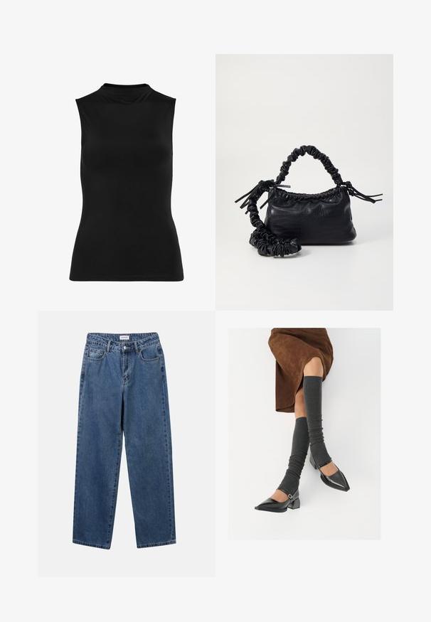 Zwarte mouwloze top van een gladde stof. Hoge halslijn en getailleerde pasvorm met een eenvoudig ontwerp. Geen zichtbare patronen of versieringen.; Klassieke blauwe denim jeans met een rechte pijp, vijf zakken en een knoopsluiting. Heeft een middelgrote wasbeurt en stevige textuur.; Zwarte gepatineerde leren pumps met een puntige neus, een blokhak en een enkelbandje, gecombineerd met grijze geribde beenwarmers en een bruine suède rok.; Zwarte nepleer handtas met een krokodillenstructuur, opgedroogde bovenkant en een gekreukte hengsel. Het lijkt zacht en compact van ontwerp.