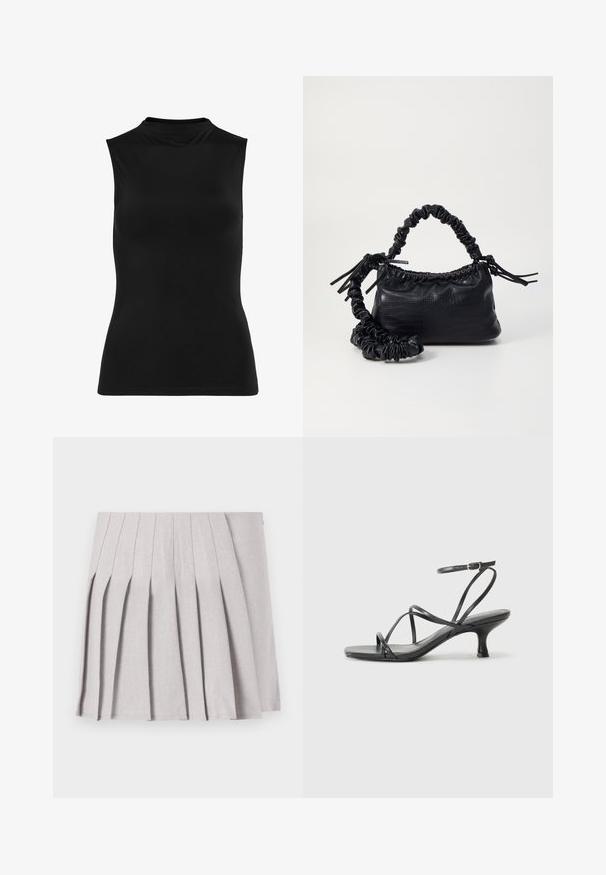 Čierny top bez rukávov vyrobený z hladkej látky. Vysoký golier a priliehavý strih s jednoduchým dizajnom. Žiadne viditeľné vzory ani ozdoby.; Sivá plisovaná sukňa s hladkým povrchom, s viacerými vertikálnymi skladmi a priliehavým pásom. Vyrobená z ľahkého materiálu.; Čierne lodičky na podpätku s tenkými remienkami, otvorenou špičkou a malým rozšíreným podpätkom. Materiál vyzerá hladko a lesklo.; Čierna umelá kožená kabelka s kroko vzorom, sťahovaným vrchom a zhnutým popruhom. Vyzerá mäkko a kompaktné v dizajne.