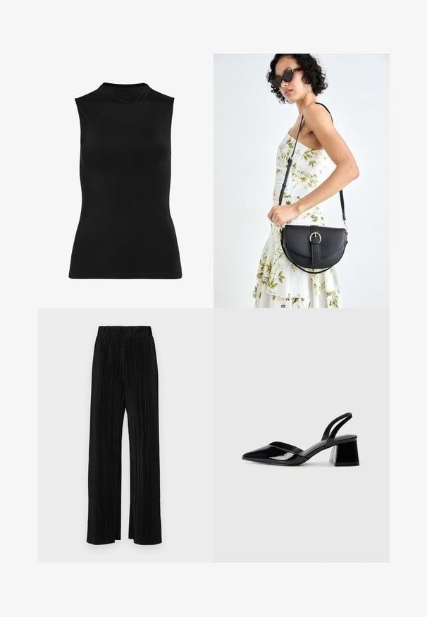 Top preto sem mangas feito de tecido liso. Decote alto e forma ajustada com um design simples. Sem padrões ou enfeites visíveis.; Calças pregueadas pretas com uma cintura elástica. Apresentam pernas largas e um tecido liso, texturizado com riscas verticais.; Sandy em verniz preto com salto slingback, ponta afilada e salto geométrico. Apresenta um design elegante e minimalista com textura suave.; Bolsa de couro preta com forma curva, alça destacável e detalhes em dourado. A bolsa possui uma aba com detalhe de fivela.