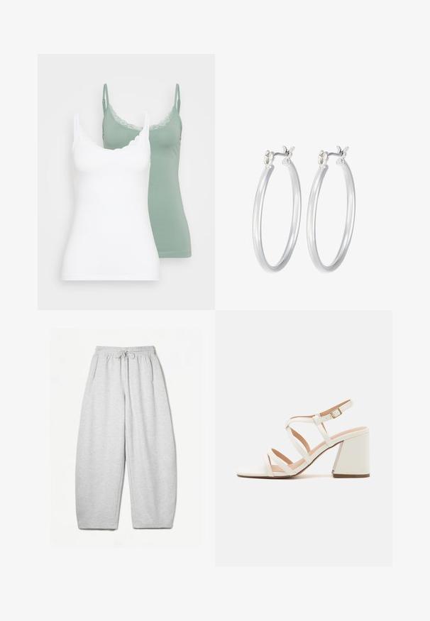 Dwie koszulki na ramiączkach: jedna biała, druga w kolorze szałwii. Obie mają dekolt wykończony koronką oraz cienkie, regulowane ramiączka. Miękki, gładki materiał.; Jasnoszare dresy o luźnym kroju, z elastycznym pasem, sznurkiem i bocznymi kieszeniami; wykonane z miękkiego, teksturowanego materiału.; Even&Odd Wide Fit - Sandały; Srebrne kolczyki w formie kółek o gładkim, polerowanym wykończeniu. O okrągłym kształcie i pewnym zapięciu na klik. Lekka konstrukcja odpowiednia do codziennego noszenia.