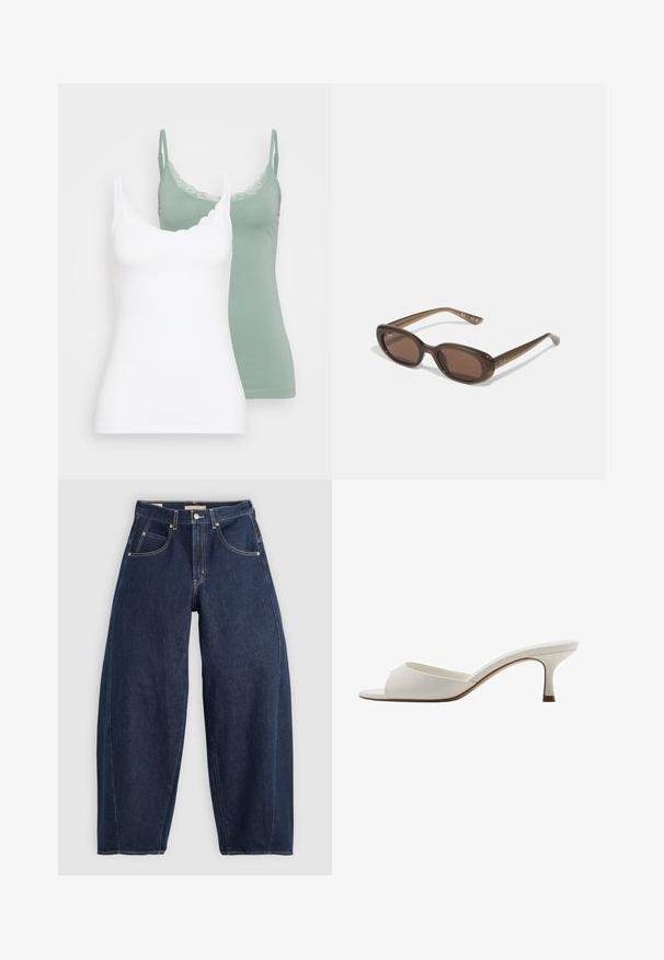 Dva topy na ramienka: jeden biely, druhý šalviovo zelený. Obe majú výstrih s čipkovým okrajom a tenké nastaviteľné ramienka. Mäkká, hladká látka.; Tmavomodré džíny z denimu s voľným strihom, svetlým šitím, piatimi vreckami a zapínaním na gombík v páse.; Biele sandále na vysokom podpätku otvorené na špičke s hladkým povrchom, minimalistickým dizajnom a štíhlym podpätkom, s jemným hnedým akcentom na podrážke.; Hnedé oválne slnečné okuliare s tmavými sklami. Rám je vyrobený z priesvitného hnedého materiálu a na spánkoch má vytlačené logo.