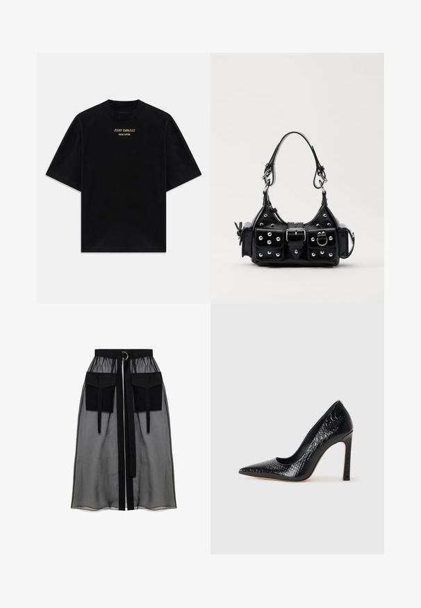 Černé bavlněné tričko s krátkými rukávy, kulatým výstřihem, s potiskem zlatého textu "JUST CAVALLI TRUE LOVER" na přední straně.; Černá průhledná sukně s nařaseným pasem, která má dvě velké přední kapsy, páskový uzávěr a kulatý kovový akcent.; Černý lodičkový bot s špičatou špičkou, pokrytý texturou krokodýlí kůže, s elegantním designem, vysokým stiletto podpatkem a hladkým černým interiérem.; Černá kožená kabelka s křivkovým designem, zdobená stříbrnými hřebíky, s přezkou a dvěma bočními kapsami. Nastavitelný popruh pro různé možnosti nošení.