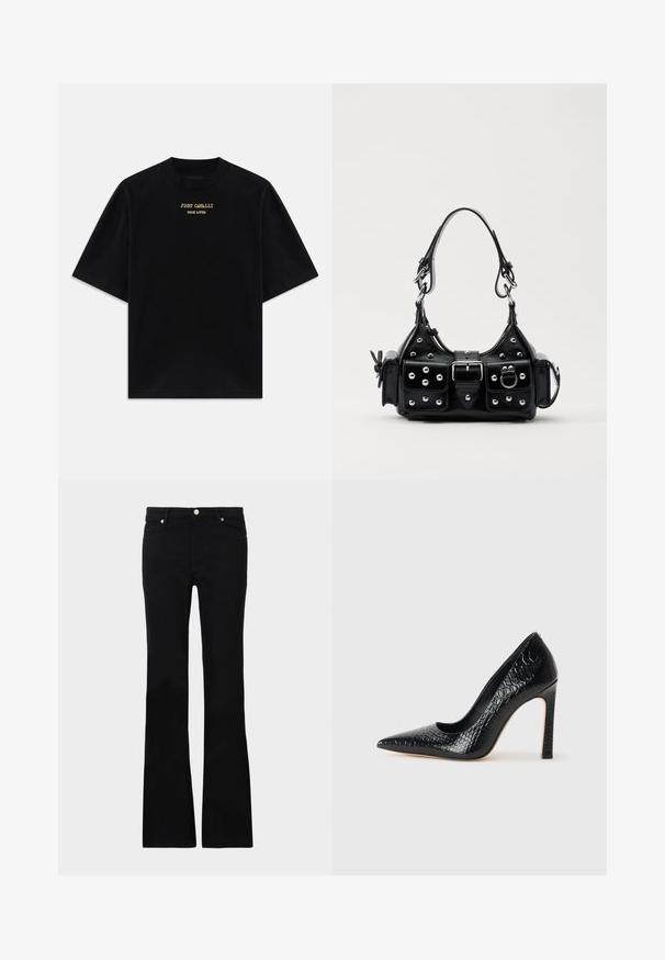 Camiseta de algodón negra de manga corta, con cuello redondo, que presenta un texto impreso en dorado "JUST CAVALLI TRUE LOVER" en la parte frontal.; Pantalones vaqueros de talle ancho en negro, confeccionados en denim, con dos bolsillos frontales, cierre de botón y una textura suave. Costuras distintivas visibles en las costuras.; Zapato de tacón alto negro con punta afilada y textura de piel de cocodrilo, que presenta un diseño elegante, un alto tacón de aguja y un interior negro suave.; Bolso de mano de cuero negro con un diseño curvado, que cuenta con tachuelas plateadas, una hebilla y dos bolsillos laterales. Correa ajustable para opciones de transporte.