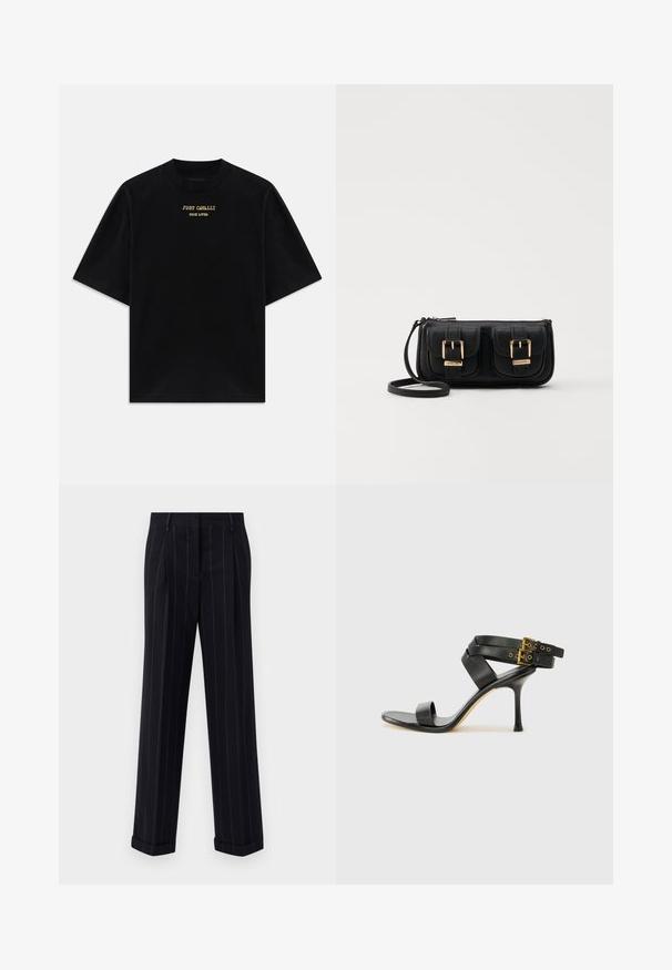 Svart bomull t-skjorte med kort erm og rund hals, med gulltrykt tekst "JUST CAVALLI TRUE LOVER" på fronten.; Svarte pinstripede bukser med en tilpasset passform, som har en oppbrett på bunnen og frontfolder. Laget av glatt stoff med en strukturert design.; Svarte hælsandaler med kryssende stropper og justerbar spenne. Har en jevn tekstur og avsmalnende stilettoklakk.; Svart skinn crossbody veske med to frontlommer, gyldne spenner, glidelåslukking og en slank stropp. Teksturert overflate og kompakt rektangulær form.