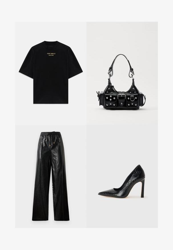 T-shirt de algodão preto com mangas curtas, decote redondo, apresentando texto impresso em dourado "JUST CAVALLI TRUE LOVER" na parte da frente.; Calças largas de couro preto com cintura elástica, cordão e detalhes em metal dourado. Textura suave e corte solto.; Sapato de salto alto de bico fino preto com textura de pele de crocodilo, apresentando um design elegante, salto agulha alto e interior preto suave.; Bolsa de couro preta com um design curvado, apresentando tachas prateadas, uma fivela e dois bolsos laterais. Alça ajustável para opções de transporte.