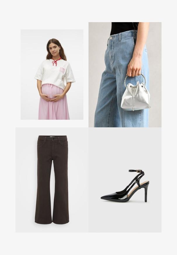 White cotton t-shirt with a pink graphic text, paired with a flowing pink skirt. Features a red beaded necklace tied at the neck.; Wide-leg, dark brown jeans made from cotton blend. Features four pockets, belt loops, and front button closure. Smooth texture.; Black patent leather high-heeled slingback shoe with pointed toe, adjustable ankle strap, and open sides. Smooth texture.; Metallic silver bucket bag with a textured finish, adorned with a silver round handle and drawstring closure, held against light blue jeans.