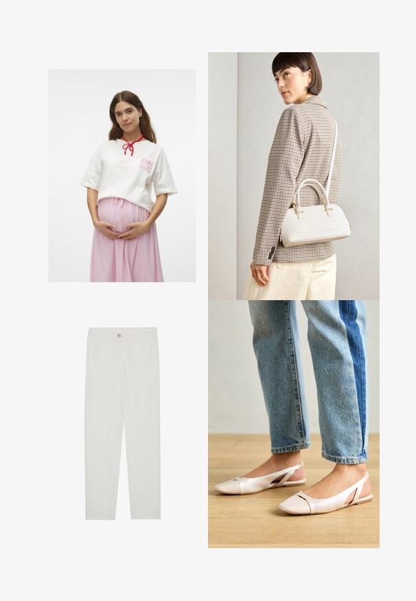 Witte katoenen T-shirt met een roze grafische tekst, gecombineerd met een vloeiende roze rok. Kenmerkt een rode kralenketting die om de nek is gebonden.; Witte, op maat gemaakte broek met een rechte pijpdesign, featuring een knoopsluiting, riemlussen en zijzakken; gladde stoftextuur.; Zachtroze slingback ballerina's met een spitse neus, gemaakt van een glad leerachtig materiaal. Bevat uitsnijdingen aan de zijkanten en heeft een platte hak.; Witte gestructureerde handtas met korte handvatten en een schouderband, voorzien van gouden hardwareaccenten en een textuurmateriaal, tentoongesteld tegen een grijze achtergrond.