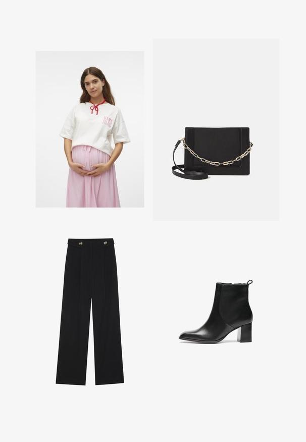 Hvit bomull t-skjorte med rosa grafisk tekst, sammen med et flytende rosa skjørt. Har en rød perlesmykke bundet rundt halsen.; Svart vide bukser med høy midje, knappdetaljer på midjebåndet og frontplisser.; Svarte skinn ankelstøvler med rund tå, middels høy blokkhæl og en trekkflik bak. Glatt tekstur, minimalistisk design.; Svart lær crossbody-veske med glatt tekstur, rektangulær form og metallkjede detaljer på framsiden. Justerbar stroppe inkludert.