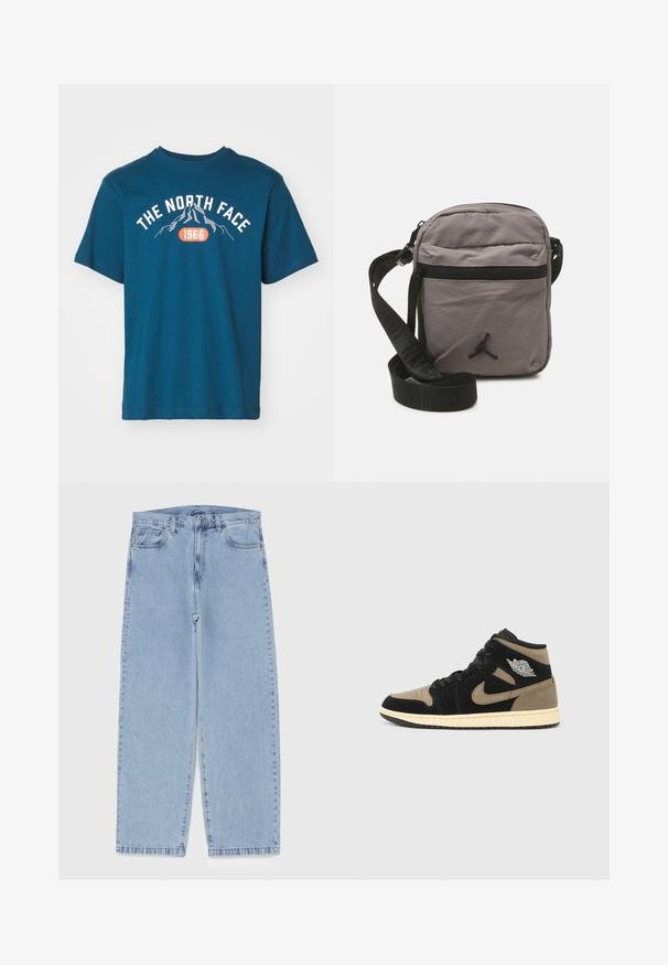 The North Face M VARSITY GRAPHIC RELAXED SS TEE - Printtipaita - midnight petrol; Vaaleansiniset farkut suoran lahkeen muotoilulla, joissa on puolivälin vyötärö, viisi taskua sekä nappi- ja vetoketjusuljenta.; Nilkkapituiset tennarit, joissa mustaa ja luonnonsävyistä mokkaa, rei'itetty varvasosa, beige välipohja, mustat nauhat ja hopeanvärinen logo sivussa.; Harmaa nailoninen olkalaukku, jossa on vetoketjullinen etutasku, säädettävä musta hihna ja musta logokoriste edessä. Kompaktin ja kevyen muotoilun omaava.
