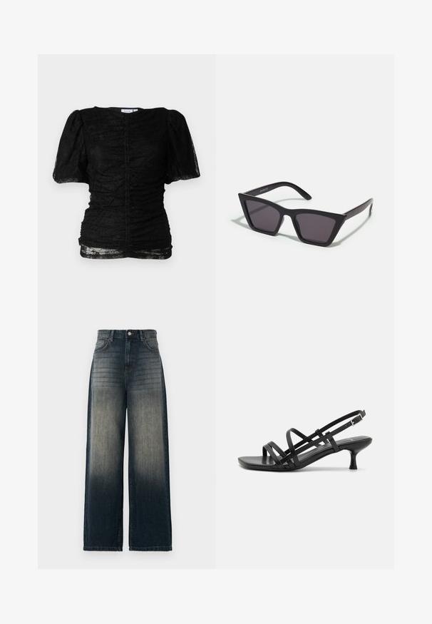 Melna mežģīņu blūze ar pieguļošu siluetu, īsām puff piedurknēm, apaļu dekoltē un drapējumam pa priekšpusi, kas piešķir tekstūru.; Platas kājas džinsi tumši denima krāsā, ar izbalējušu gradientu no tumšā līdz gaišajam, pieci kabatas un kontrastējošas šuves detaļas.; Melni papēžu sandales ar vairākiem krustveida siksnām. Gluda materiāla, norādīta purngala un šaura papēža. Regulējama potītes siksna ar sprādzīti.; Melni, stūrveida saulesbrilles ar pelēkiem objektīviem; izgatavotas no plastmasas, ar biezām kājām, kam ir gluda virsma un nav redzamu stiprinājumu.; Zelta auskari ar gludu, spīdīgu apdari. Apaļš dizains, kas ietver mazu tapu un caurspīdīgu pamatni drošai valkāšanai.