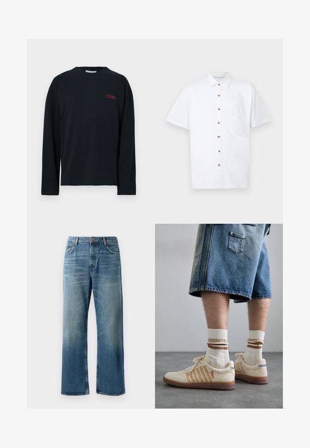 Black long-sleeve t-shirt made from soft fabric, featuring a small red logo on the left chest, crew neck, and straight hem.; White short-sleeve shirt made of linen, featuring a button-front closure, a chest pocket, and wooden buttons for accents.; Light blue wide-leg jeans with a faded wash, featuring single-button closure, five pockets, and contrasting stitching.; Beige retro sneakers with brown rubber sole, featuring striped accents and embroidered logos. Worn with white socks, striped brown detail.