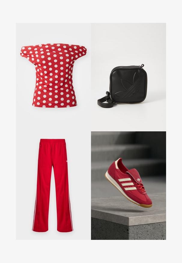 Red short-sleeve top with an off-the-shoulder design, featuring white polka dots. Made of smooth fabric with a fitted shape.; Red athletic pants with a loose fit, elastic waistband, two side pockets, and white side stripes. Made from smooth, synthetic material.; Red athletic shoe with suede and fabric upper, white three stripes design, padded tongue, and gum rubber sole. Floating on a concrete surface.; Black square crossbody bag made of textured synthetic material. Features an embossed logo design and adjustable strap. Zipper closure.
