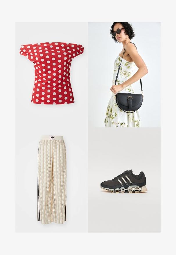 Rdeča kratka majica s kratkimi rokavi, z off-the-shoulder dizajnom, okrašena z belimi pikami. Izdelana iz gladkega materiala s prilegnjeno obliko.; Hlače širokega kroja kremne barve z zigzag vzorcem, opremljene z črnim logotipom na pasu in stranskimi črnimi črtami. Lahka, teksturirana tkanina.; Črne športne čevlje z teksturiranim zgornjim delom, tremi srebrnimi črtami in značilno blažilno podplatom, ki vključuje več integriranih delov.; Črna usnjena torbica s ukrivljeno obliko, z odstranljivo naramnico in zlatimi dodatki. Torbica ima pokrov s podrobnostmi v obliki zaponke.
