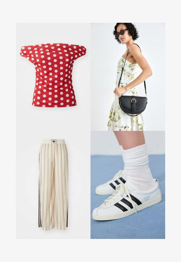 Red short-sleeve top with an off-the-shoulder design, featuring white polka dots. Made of smooth fabric with a fitted shape.; Cream-colored wide-leg pants with a zigzag pattern, featuring a black logo waistband and side black stripes. Lightweight, textured fabric.; White leather sneakers with black stripes, cream outsole, and light laces. Worn with white ribbed socks, positioned on blue background.; Black leather handbag with a curved shape, detachable strap, and gold hardware. The bag features a flap with a buckle detail.