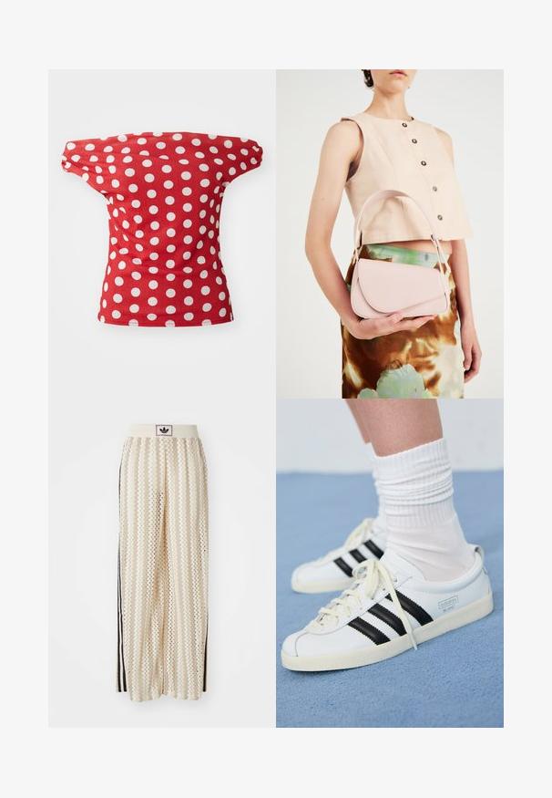 Rdeča kratka majica s kratkimi rokavi, z off-the-shoulder dizajnom, okrašena z belimi pikami. Izdelana iz gladkega materiala s prilegnjeno obliko.; Hlače širokega kroja kremne barve z zigzag vzorcem, opremljene z črnim logotipom na pasu in stranskimi črnimi črtami. Lahka, teksturirana tkanina.; Bele usnjene športne čevlje z črnimi črtami, kremnim podplatom in svetlimi vezalkami. Obuti z belimi rebrastimi nogavicami, postavljeni na modro ozadje.; Roza usnjena torbica s ukrivljenim poklopcem, enim naramnim trakom in čistimi linijami. Torbica se ponaša z gladko teksturo in minimalističnim dizajnom.