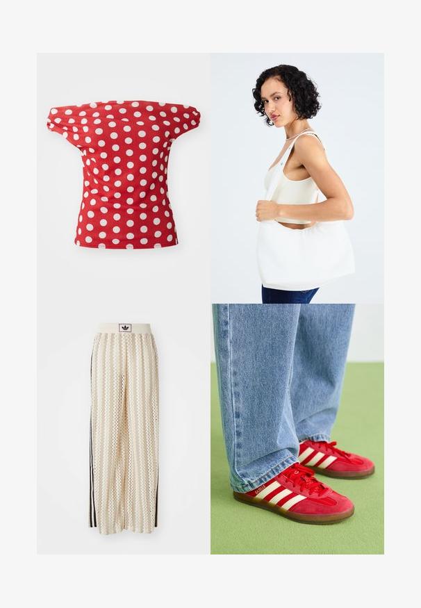 Red short-sleeve top with an off-the-shoulder design, featuring white polka dots. Made of smooth fabric with a fitted shape.; Cream-colored wide-leg pants with a zigzag pattern, featuring a black logo waistband and side black stripes. Lightweight, textured fabric.; Red suede sneakers with three white stripes, round toe, and textured outsole, paired with light blue denim jeans on a green background.; White shoulder bag made of smooth material, featuring an oval cutout and wide strap design. Simple and modern with no visible hardware.