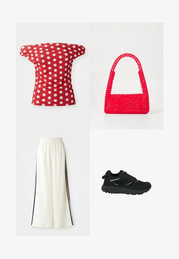 Punainen lyhythihainen paita olkaimeton muotoilu, jossa valkoisia pisaroita. Valmistettu sileästä kankaasta, joka istuu hyvin.; Valkoiset leveälahkeiset housut, joissa on joustava vyötärönauha ja mustat pystysuorat raidat ulkopuolisilla saumoilla.; Mustat vedenpitävät vaelluskengät, joissa on verkkopaneelit, teksturoitu pohja, pyöreä varvas ja heijastavat nauhat. Varustettu logolla ja vetoläpällä kantapäällä.; Punakäsine, joka on valmistettu helmimuovista, ja jossa on neliön muotoinen pohja sekä kaareva kahva. Pintassa on teksturoitu, kiiltävä viimeistely ja helmikuosi.