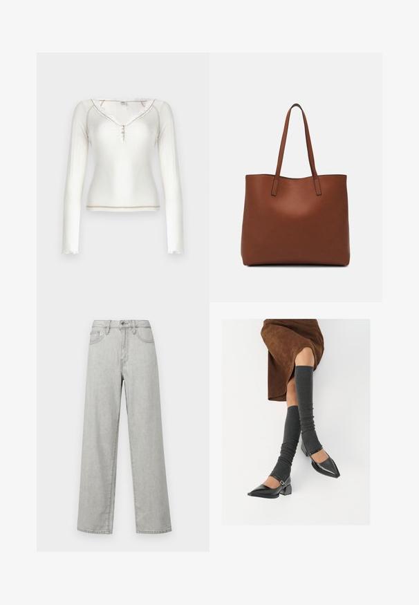 Fehér, hosszú ujjú, bordázott felső csipke kivágással, gombos záródással és nyers szélű díszítéssel. Puha tapintású, testhez simuló fazon.; Világosszürke, bőszárú farmernadrág, magas derékkal, elülső zsebekkel, és hagyományos gombos cipzárral.; Fekete lakk bőrből készült, hegyes orrú cipők, tömbsarkúakkal és bokapánttal, szürke bordás lábszármelegítőkkel és barna velúr szoknyával párosítva.; Barna bőr vászontáska sima textúrával, nyitott tetejű dizájnnal és két vállpánttal. Minimális varrással és látható hardver nélkül készült.