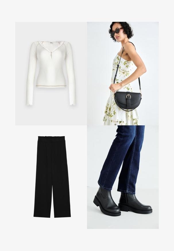 Balta ilga rankovė ribota palaidinė su nėriniuotu apykakle, sagų juosta ir neapdirbtu kraštu. Minkšta tekstūra, prigludęs dizainas.; Juodi platūs kelnes su volaniniu juosmeniu, turinčiu dvi šonines kišenes ir glotnią, lengvą medžiagą. Nėra matomų raštų ar detalių.; Juoda odinė kulkšninių botų su storu padu ir šoninėmis elastinėmis detalėmis, derinama su tamsiai mėlynomis džinsais. Žemė šviesios spalvos.; Juodas odinis krepšys su išlenkta forma, nuimamu dirželiu ir auksiniais detalėmis. Krepšys turi kilpą su sagtimi.