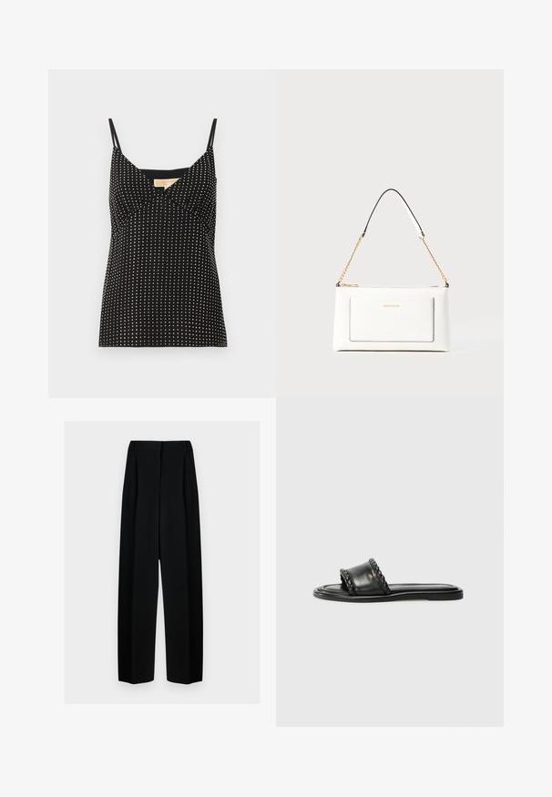 Top sin mangas negro con un diseño ajustado, escote en V y tela texturizada decorada con lunares blancos en toda su superficie.; Pantalones de pierna ancha negros con cintura alta, que presentan pliegues y una textura suave. El tejido parece ligero y se drapea de forma elegante.; Sandal de cuero negro con detalle de correa trenzada, suela plana y un diseño elegante. Textura suave y perfil minimalista.; Bolso de mano de cuero blanco con un acabado texturizado, que cuenta con una correa de cadena dorada y acentos negros. Incluye un bolsillo frontal y cierre de cremallera.