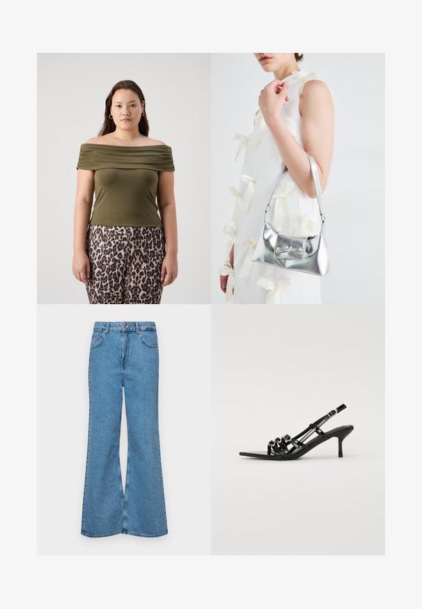 Top em verde-oliva sem alças com detalhes franzidos. Combinado com calças de padrão animal em tons de castanho e preto. Tecido liso e elástico.; Jeans de brim azuis claros, com corte à boca de sino, apresentando uma cintura alta, cinco bolsos e um fecho de botão único. Textura macia com acabamento desbotado.; Shoe preto de salto alto com atilhos, com bico fino, apresentando várias tiras estreitas e detalhes circulares na parte da frente.; Bolsa metálica prateada com uma forma estruturada, apresentando uma alça superior e um detalhe de laço na frente. Textura suave, acabamento reflexivo.