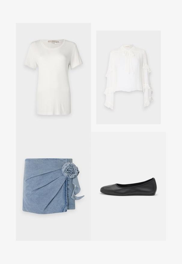 Weißes T-Shirt mit kurzen Ärmeln aus weichem, elastischem Baumwollstoff. Es hat einen runden Halsausschnitt und eine glatte, einfarbige Textur ohne sichtbare Muster.; Weiße Bluse mit langen, ausgestellten Ärmeln und gerüschten Kanten. Hoher Kragen mit einer Bindeband-Detail und aus leichtem, strukturiertem Material.; Denim-Wickelkleid in einem hellblauen Farbton, mit aufwendigen Falten und einem dekorativen Blumenakzent, der mit einem schwebenden Band versehen ist. Weicher Stoff und lässiges Design.; Schwarze Leder-Ballettschuhe mit abgerundeter Spitze, glatter Textur, minimalen Nähdetails und einem flexiblen Sohlen-Design.