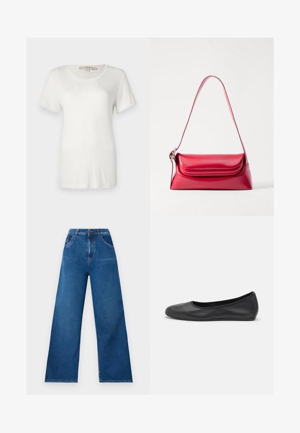 Witte t-shirt met korte mouwen, gemaakt van zachte, rekbare katoen. Heeft een ronde halslijn en een gladde, effen textuur zonder zichtbare patronen.; Brede pijpen jeans in donkerblauwe denim met een hoge taille, voorzien van voor- en achterzakken, en contrasterende stikseldetails.; Zwarte leren ballerina met een ronde neus, gladde textuur, minimale stikdetails en een flexibele zoolontwerp.; Rode leren handtas met een gestructureerde vorm, gladde textuur en een enkele verstelbare schouderband. Voorzien van een afgeronde klepsluiting.