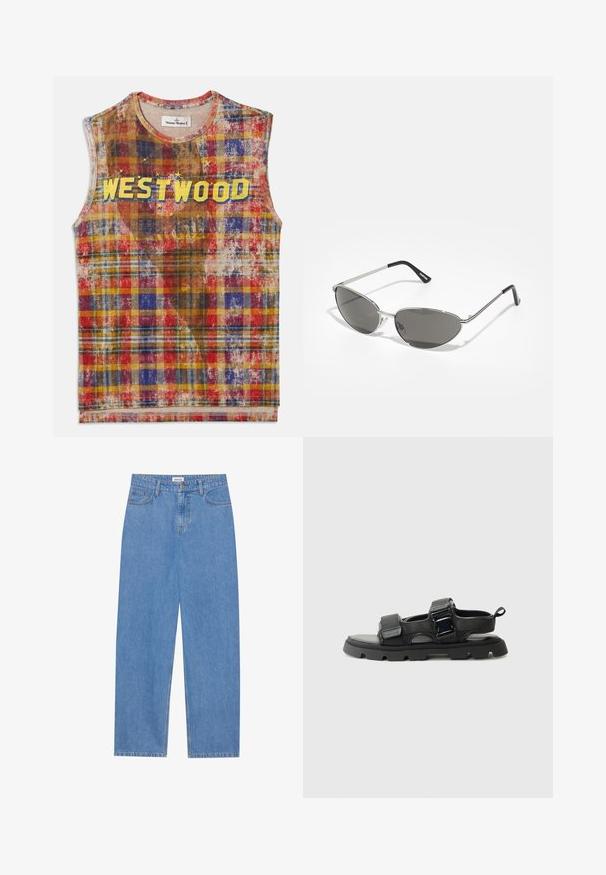 Sleeveless plaid top with red, blue, yellow, and brown tones, featuring the word "WESTWOOD" in bold yellow letters across the chest with star accents.; Light blue denim jeans with a straight cut, five-pocket design, single button closure, and subtle stitching details on the seams.; Black sandals with a textured fabric upper, wide straps, metal buckle accents, and a thick rubber sole featuring a lug pattern.; Sunglasses with a sleek, silver metal frame, gray tinted lenses, and an aerodynamic design featuring pointed edges and thin arms.