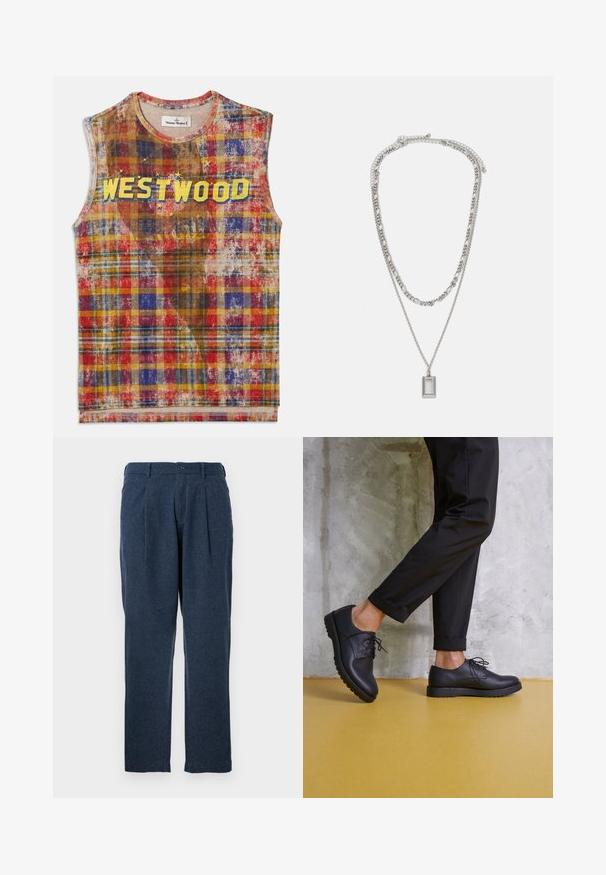 Sleeveless plaid top with red, blue, yellow, and brown tones, featuring the word "WESTWOOD" in bold yellow letters across the chest with star accents.; Dark blue trousers made of textured fabric, featuring pleats, a button closure, and a straight-leg design.; Black leather shoes with laces, rounded toe, and textured rubber sole. Worn with cropped black trousers, against a concrete backdrop.; Silver necklace with two layered chains; features a rectangular pendant with a smooth surface, showcasing a polished metal finish.
