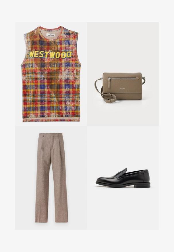 Sleevetuks plaid ülemine osa, millel on punased, sinised, kollased ja pruuni tooni, kandes rinnal julgeid kollaseid tähti sõna "WESTWOOD".; Prunnid, kõrge vöökohaga püksid, mis on valmistatud tekstureeritud kangast. Omavad laiu jalgu ja kahte eesmist voldikut struktuuri jaoks. Korralik viimistlus, ilma nähtava riistvarata.; Mustad mustad nahast loafers sileda tekstuuriga, ümarat ninaosa ja dekoratiivne riba vampi üle. Madal kihiline konts, minimalistlik disain.; Kohvase naha ületõmmatav kott, millel on lukuga esikott, reguleeritav rihm, kivitextuur ja esiküljel embosseeritud logo.