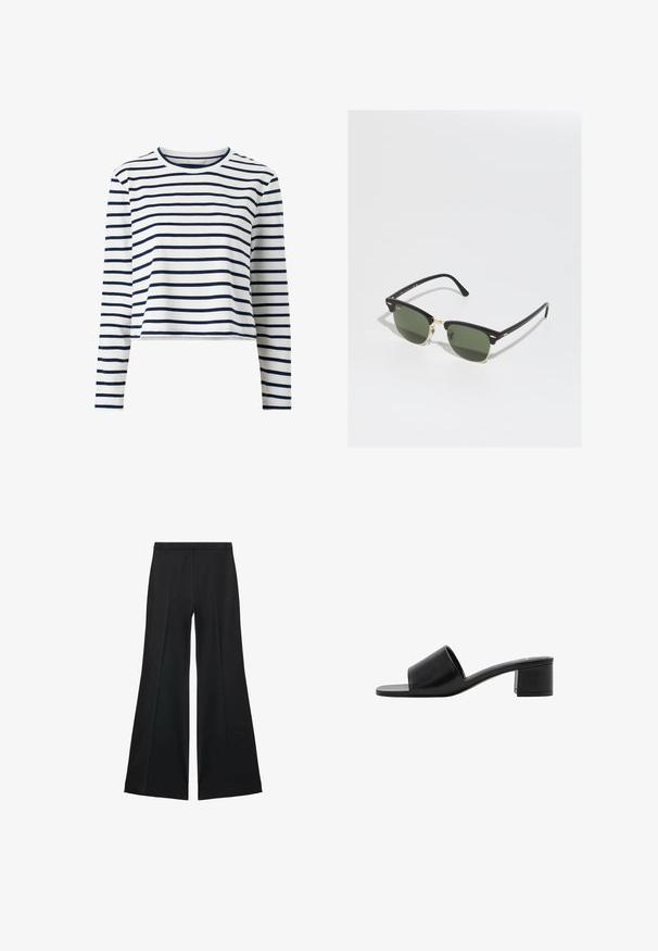 Długi rękaw krótki top wykonany z miękkiego materiału, w białe i granatowe poziome paski, okrągły dekolt i prosty krój.; Czarne spodnie o szerokich nogawkach z gładką teksturą, z przodu ozdobione zakładkami i skrojonym fasonem. Materiał jest lekki i zwiewny.; Czarne skórzane klapki na otwartym palcu z szerokim paskiem i solidnym obcasem blokowym. Charakteryzują się gładką fakturą i minimalistycznym designem.; Czarno-złote okulary przeciwsłoneczne z zielonymi soczewkami w kształcie kocich oczu, z metalowymi akcentami i teksturowaną oprawką.