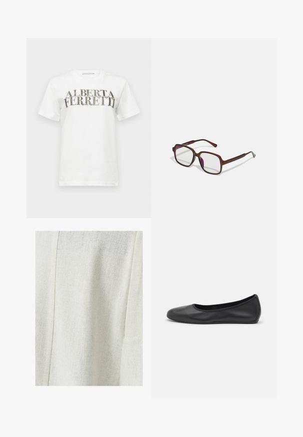 Vit bomulls t-shirt med en framträdande grafisk textdesign i svart och silver som läser "ALBERTA FERRETTI". Kort ärm och rundad halsringning.; Ljusbeige linneväv med en strukturerad mönster, som har sömdetaljer och en sidoficka. Slät yta med en subtil väv.; Svart läderballerinaskor med rund tå, slät yta, minimala söm detaljer och en flexibel sula.; Bruna, rektangulära glasögon med genomskinliga linser och lila toning. Slät plastbåge med raka skalmar och subtila detaljer.; Brun faux läder axelväska med rundad form, minimal sömnad och detaljer i guldfärgad hårdvara. Har en övre dragkedjestängning och justerbar rem.