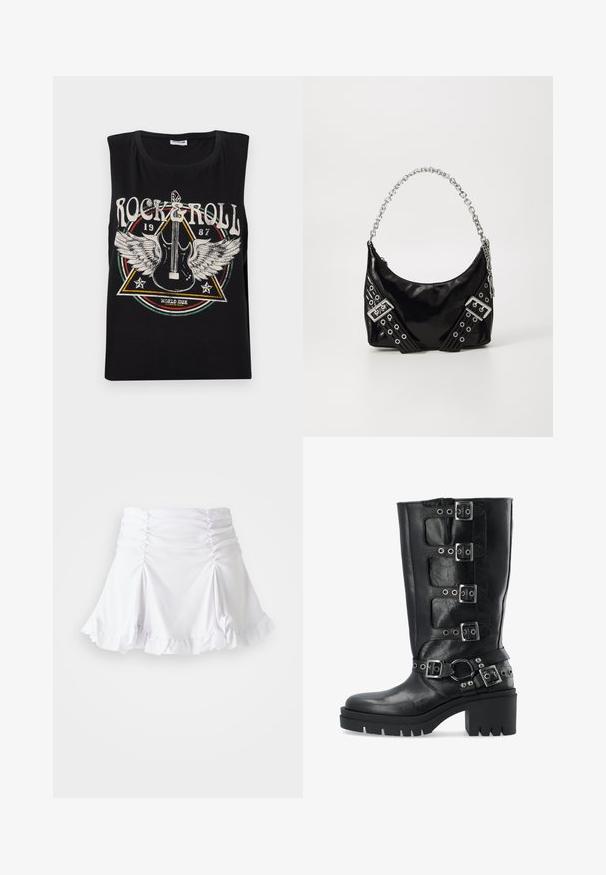 Must t-särk, millel on must värv ja varrukad puuduvad, esitleb graafilist trüki kitarrist tiibadega, tekst "ROCK & ROLL 1987" ning ringikujulisi disainielemente.; Valge seelik, mis on valmistatud tekstuursest kangast ning millel on rütmidetailid ja volangääred. Omab laienevat disaini ja hästi istuvat vööd.; Must muste knee-high must, mille hõbedase nööriga, paksu platvormiga ja naelutatuga ümber pahkluude.; Must värviline lakknahast käsipagas, millel on läikiv hõbedane kett, dekoratiivsete rihmade ja metallist silmadega. Sujuv, kaardus kuju.