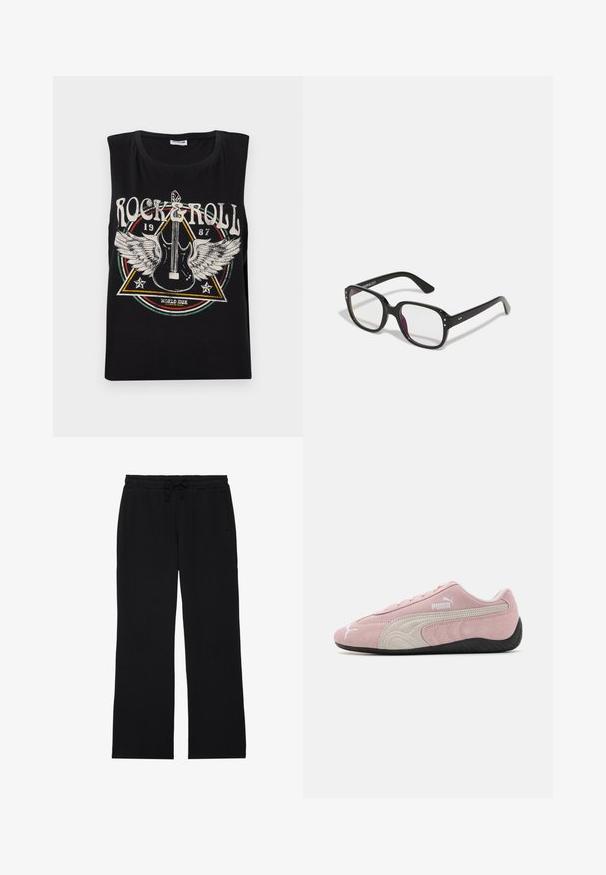 Svart ärmlös T-shirt med en grafisk tryck av en gitarr med vingar, texten "ROCK & ROLL 1987" och cirkulära design-element.; YOURTURN UNISEX - Träningsbyxor - black; Rosa mockasiner i mocka med grå detaljer, strömlinjeformad design, texturerad ovandel och svart gummisula. Har Puma-logotyp på sidan.; Svarta rektangulära glasögon med klara linser, med rundade kanter och sidodetaljer, med en blank yta på bågarna och armarna.