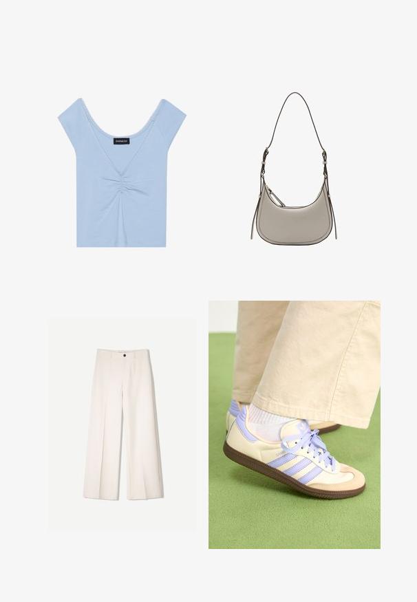 Svijetloplavi kratkotrajni gornji dio napravljen od mekanog materijala, s nabranim prednjim dijelom, okruglim izrezom i valovitim rubom duž izreza.; Kreme hlače širokih nogavica s krojem koji je prilagođen, s dva prednja džepa i jednim prednjim zatvaranjem na gumb, izrađene od glatkog materijala.; Kremasto-ljubičaste tenisice s tri pruge i strukturiranim smeškim potplatom, s vezicama i podstavljenim petom. Mekana gornja tkanina.; Mango Torba preko tijela - off-white