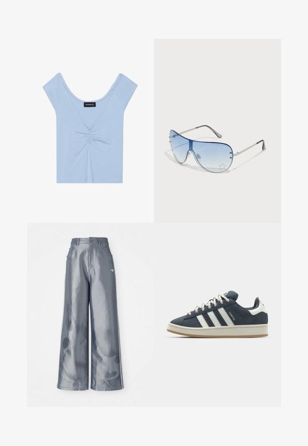 Light blue short-sleeve top made of soft fabric, featuring a gathered front, a scoop neckline, and scalloped trim along the neckline.; Wide-leg pants in shiny gray material, featuring white side stripes and a flame pattern on the lower legs. Button and zipper closure at the waist.; adidas Originals CAMPUS 00S W - Skate shoes - onix/core white; Aviator sunglasses featuring a gradient blue lens, silver metal frame, and decorative star accents on the lens. Smooth and sleek design.