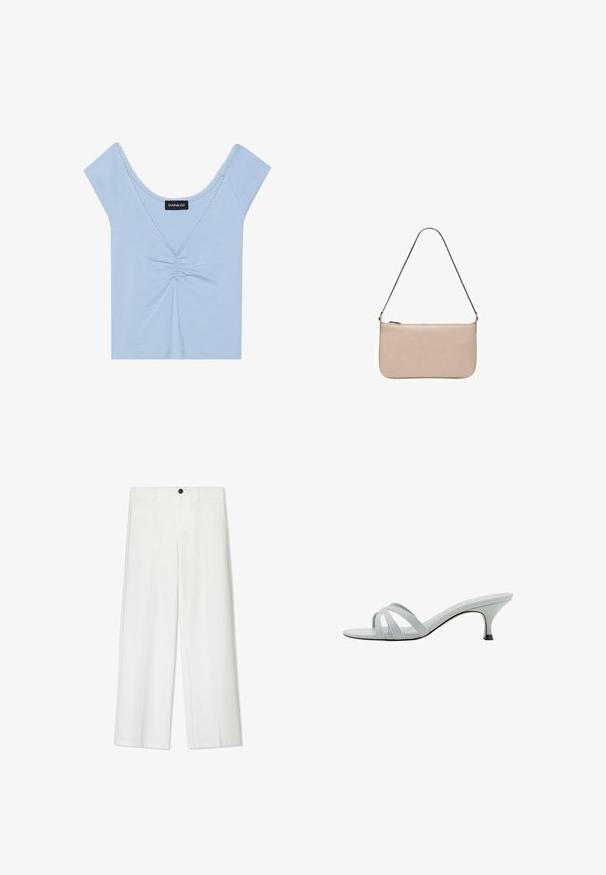 Light blue short-sleeve top made of soft fabric, featuring a gathered front, a scoop neckline, and scalloped trim along the neckline.; White, wide-leg trousers with a smooth texture, featuring a front button closure and belt loops, tailored for a relaxed fit.; Light gray heeled sandals with three crisscross straps, a slim profile, and a tapered heel. Smooth texture with a slightly shiny finish.; Beige rectangular bag with a smooth texture, a silver chain strap, and a zip closure at the top. Simple, minimalistic design.