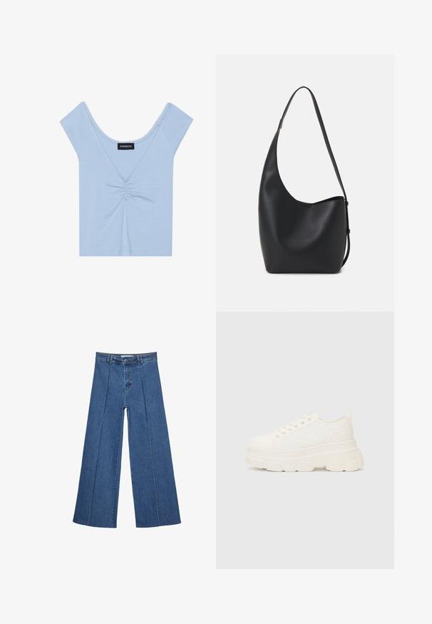 Jasnoniebieski krótki top z miękkiego materiału, z marszczonym przodem, okrągłym dekoltem i falbaniastym wykończeniem wokół dekoltu.; Jeans typu wide-leg w średnim niebieskim kolorze, z wysokim stanem, zapięciem na guziki oraz kontrastowymi szwami pionowymi z przodu.; Białe płócienne trampki z grubą podeszwą, okrągłym noskiem i pięcioma oczkami na sznurowadła. Tylny uchwyt ułatwiający zakładanie. Gładka faktura, minimalistyczny design.; Czarna skórzana torba hobo o gładkiej fakturze, zaokrąglonym kształcie i pojedynczym, regulowanym pasku; posiada szerokie otwarcie na górze.