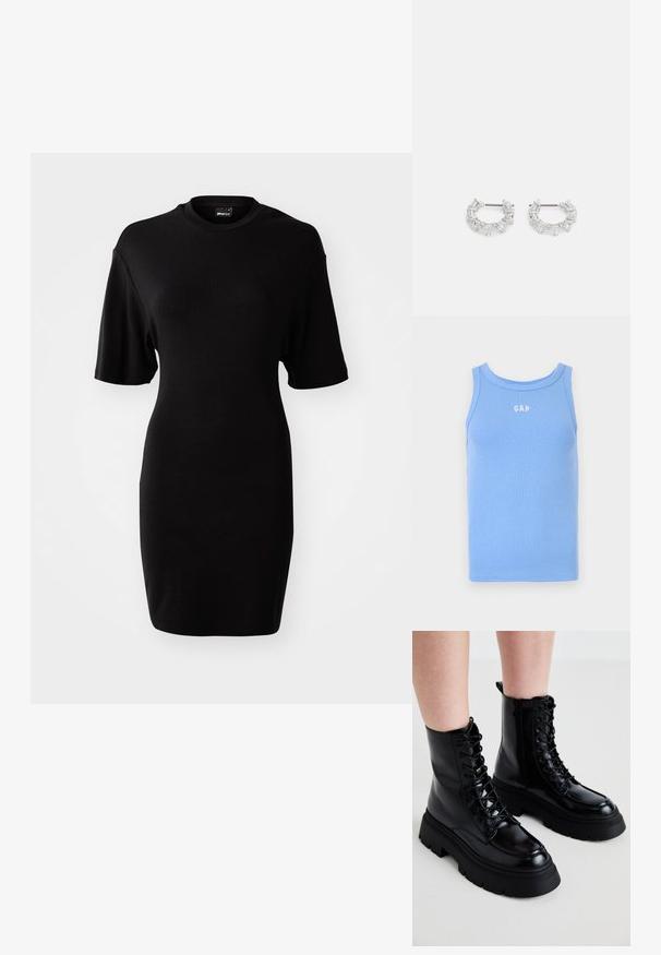 Jasnoniebieski prążkowany top bez rękawów z okrągłym dekoltem, z białym logo "GAP" na piersi. Miękka tkanina, bez rękawów.; Czarna sukienka z krótkim rękawem wykonana z miękkiego materiału. Posiada okrągły dekolt oraz dopasowany krój z długością do kolan.; Czarne skórzane botki za kostkę z masywną podeszwą, sznurowanym przodem i bocznym zamkiem; mają gładkie wykończenie i podniesioną czubek.; Srebrne kolczyki w kształcie kół z przezroczystymi, prostokątnymi i trójkątnymi kryształami ułożonymi w wzorzysty design. Zapięcia dla zapewnienia bezpieczeństwa.