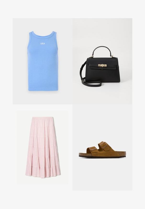 Light blue ribbed tank top with a rounded neckline, featuring white "GAP" logo on the chest. Soft fabric, sleeveless design.; Striped fabric top in blue and white, featuring a ruffled trim along the front and thin shoulder straps, with a V-neck design.; Light pink, tiered maxi skirt made of a textured, lightweight fabric. Elastic waistband and flowing hem with ruffled accents.; Brown suede slide sandal with two adjustable straps, cork footbed, and a textured rubber sole. Minimalist design with no additional embellishments.; Black leather handbag with a structured design, top handle, detachable shoulder strap, and gold-toned hardware. Features a front clasp closure.