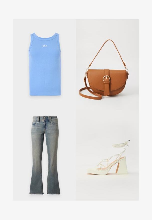 Jasnoniebieski prążkowany top bez rękawów z okrągłym dekoltem, z białym logo "GAP" na piersi. Miękka tkanina, bez rękawów.; Jasnoniebieskie dzwony wykonane z denimu. Posiadają dwie przednie kieszenie, zapięcie na guzik oraz subtelne przetarcia na tkaninie.; Biała sandał na wysokim obcasie z masywnym słupkiem, z paskowym wzorem i wiązaniem przy kostce. Gładka faktura z platformą z przodu dla dodatkowej wysokości.; Brązowa skórzana torba na ramię o zaokrąglonym kształcie, ze złotymi akcentami i zapięciem w formie klamry. Posiada odpinany pasek na ramię.