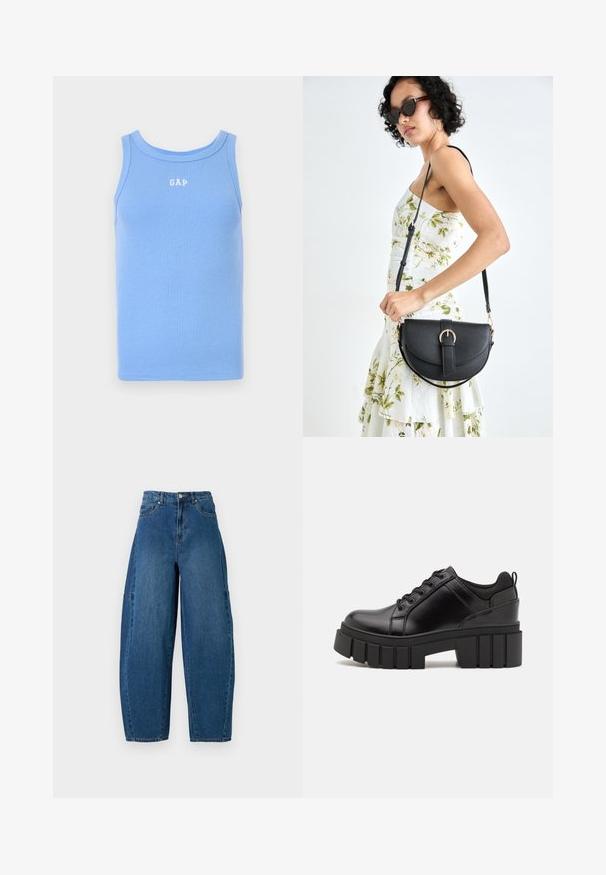 Light blue ribbed tank top with a rounded neckline, featuring white "GAP" logo on the chest. Soft fabric, sleeveless design.; Denim jeans in a medium blue wash, featuring a high waist, wide leg cut, and standard five-pocket design with visible stitching details.; Black leather platform shoes with a chunky block heel, round toe, and traditional lace-up design. Features smooth texture and minimal detailing.; Black leather handbag with a curved shape, detachable strap, and gold hardware. The bag features a flap with a buckle detail.